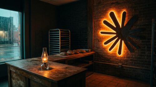 A bakery before dawn with a Claude starburst sign on the brick wall, half its glow gone dark, while an oil lantern burns on the counter as a backup light