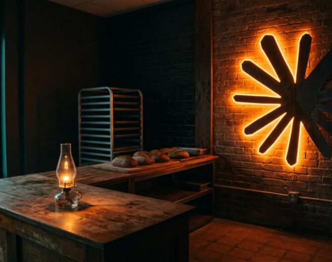 A bakery before dawn with a Claude starburst sign on the brick wall, half its glow gone dark, while an oil lantern burns on the counter as a backup light