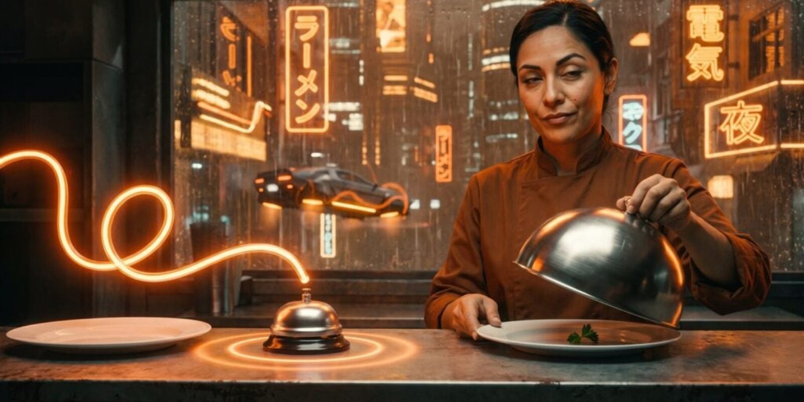 A ribbon of orange light rings the service bell as if the order is finished, while a chef lifts the cover to find an empty plate, a picture of an AI agent saying a job is done when it is not