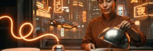 A ribbon of orange light rings the service bell as if the order is finished, while a chef lifts the cover to find an empty plate, a picture of an AI agent saying a job is done when it is not