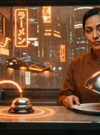 A ribbon of orange light rings the service bell as if the order is finished, while a chef lifts the cover to find an empty plate, a picture of an AI agent saying a job is done when it is not