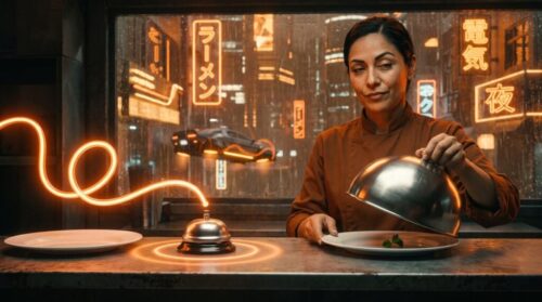 A ribbon of orange light rings the service bell as if the order is finished, while a chef lifts the cover to find an empty plate, a picture of an AI agent saying a job is done when it is not