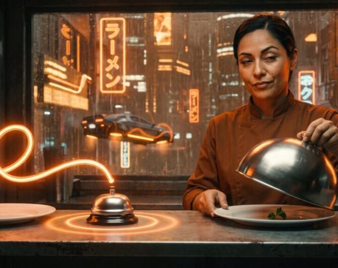 A ribbon of orange light rings the service bell as if the order is finished, while a chef lifts the cover to find an empty plate, a picture of an AI agent saying a job is done when it is not