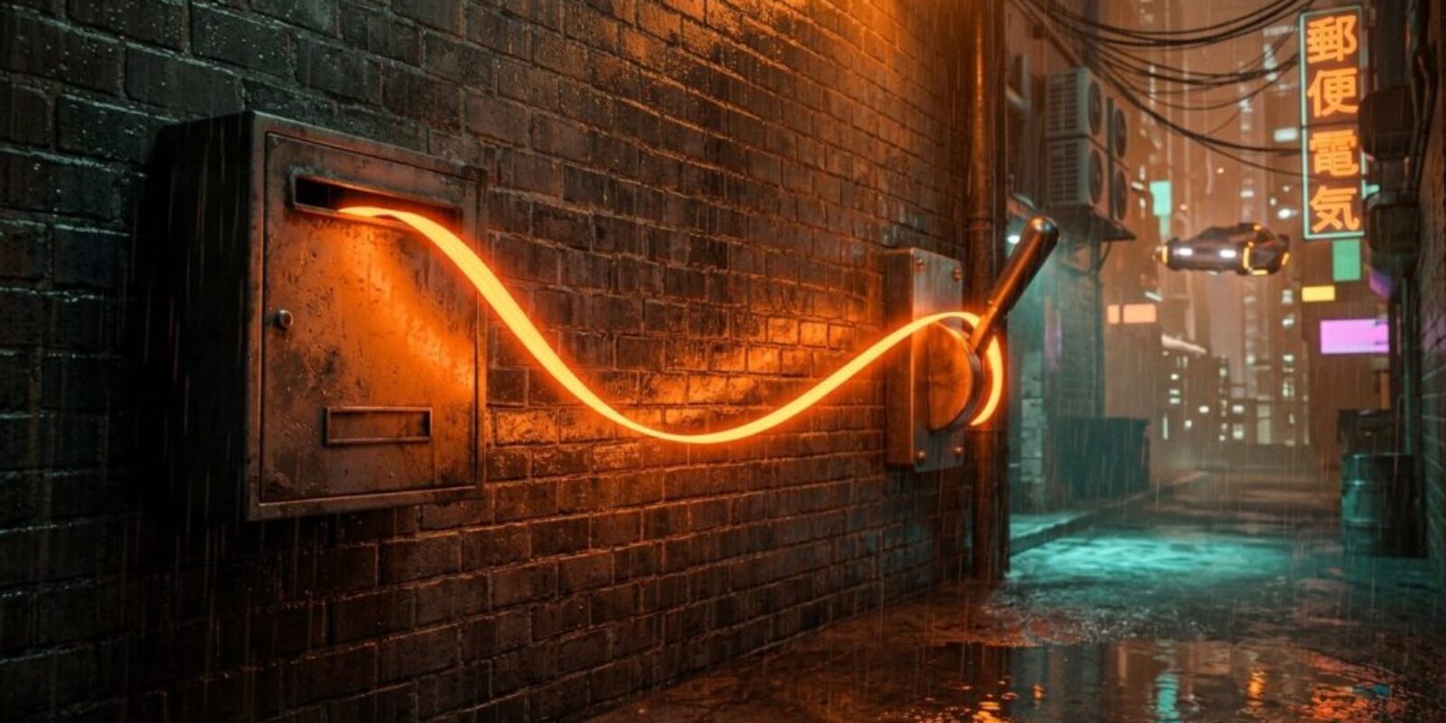 Neon orange power cable glowing along a wet brick alley at night.