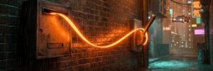 Neon orange power cable glowing along a wet brick alley at night.