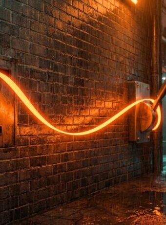Neon orange power cable glowing along a wet brick alley at night.