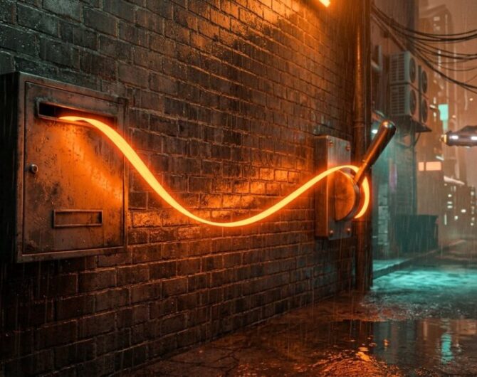 Neon orange power cable glowing along a wet brick alley at night.