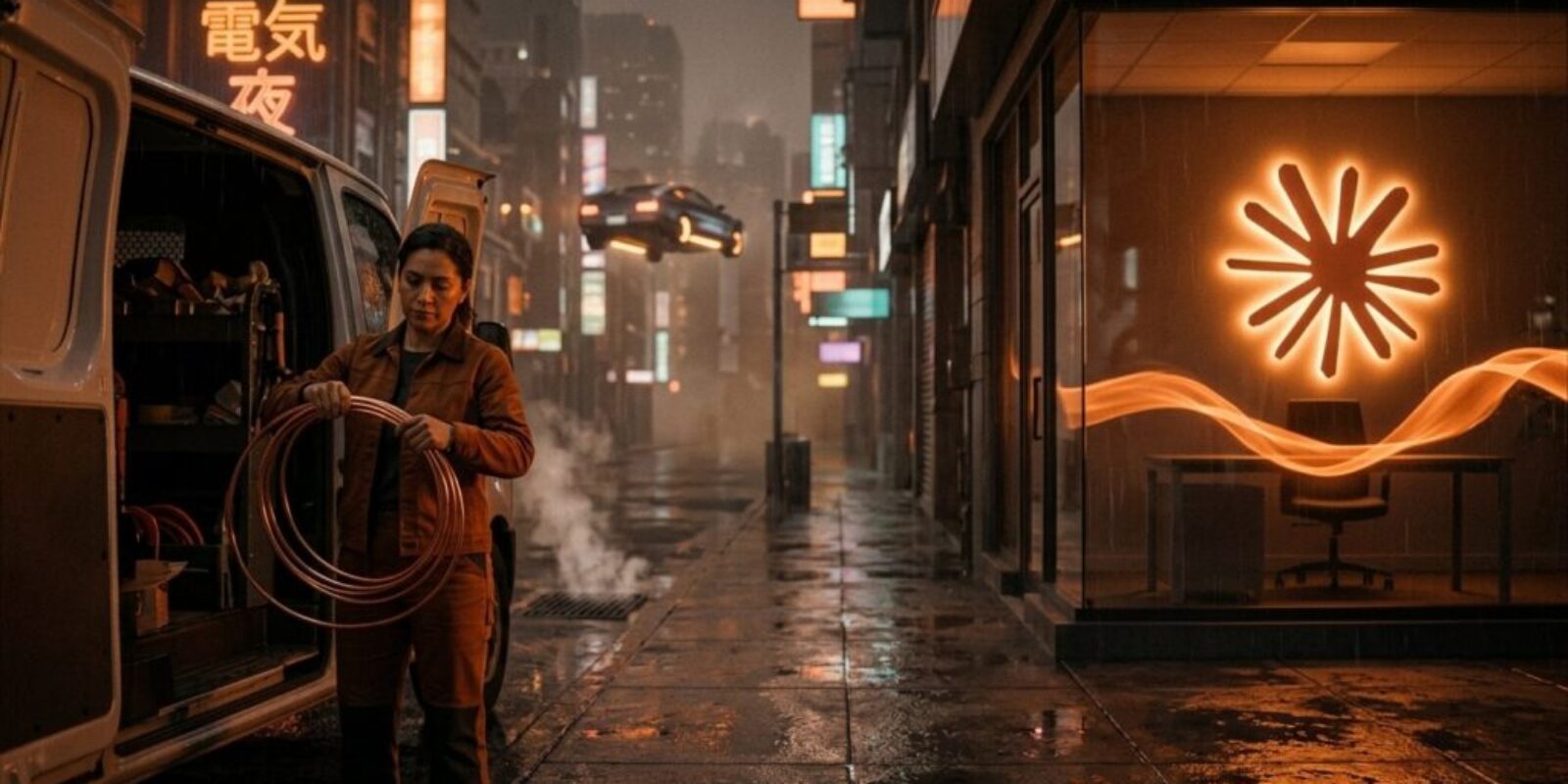 An HVAC business owner coils copper tubing at her van on a rainy neon street while, in her empty office behind glass, a ribbon of orange light works the desk under a glowing Claude starburst.