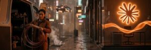 An HVAC business owner coils copper tubing at her van on a rainy neon street while, in her empty office behind glass, a ribbon of orange light works the desk under a glowing Claude starburst.
