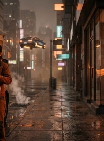 An HVAC business owner coils copper tubing at her van on a rainy neon street while, in her empty office behind glass, a ribbon of orange light works the desk under a glowing Claude starburst.