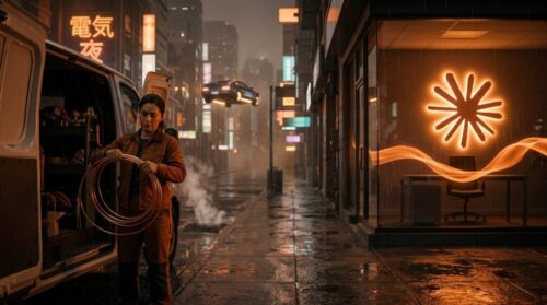 An HVAC business owner coils copper tubing at her van on a rainy neon street while, in her empty office behind glass, a ribbon of orange light works the desk under a glowing Claude starburst.