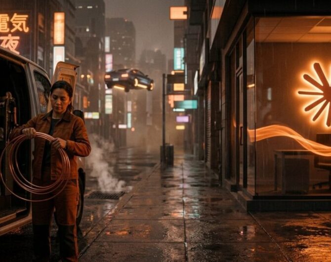 An HVAC business owner coils copper tubing at her van on a rainy neon street while, in her empty office behind glass, a ribbon of orange light works the desk under a glowing Claude starburst.
