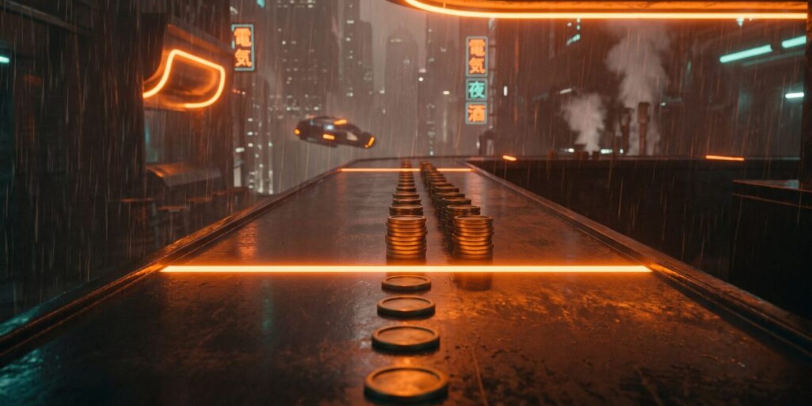 Single brass tokens on a wet neon-lit counter turn into tall stacks past a glowing orange line, a picture of Claude Haiku 5.5's price jump above 100,000 tokens