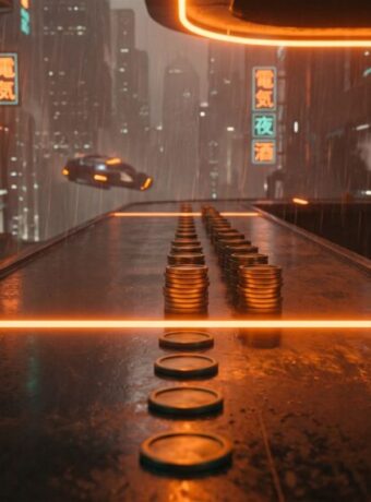 Single brass tokens on a wet neon-lit counter turn into tall stacks past a glowing orange line, a picture of Claude Haiku 5.5's price jump above 100,000 tokens