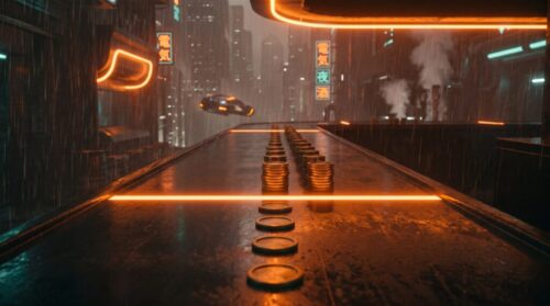 Single brass tokens on a wet neon-lit counter turn into tall stacks past a glowing orange line, a picture of Claude Haiku 5.5's price jump above 100,000 tokens