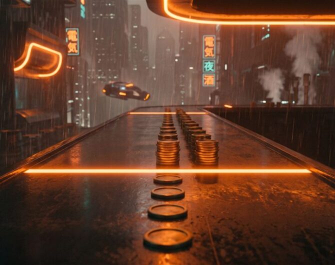 Single brass tokens on a wet neon-lit counter turn into tall stacks past a glowing orange line, a picture of Claude Haiku 5.5's price jump above 100,000 tokens