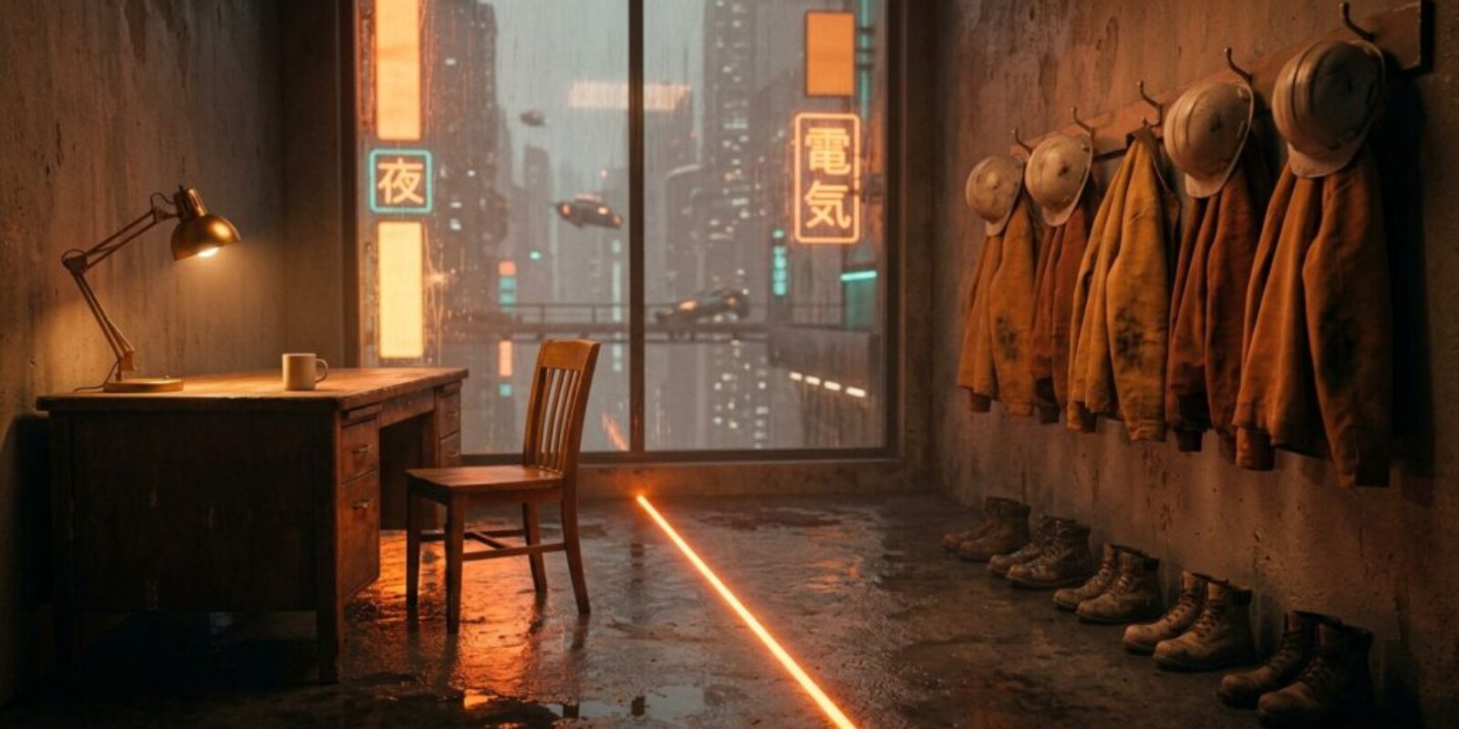 A glowing orange line across a wet concrete floor divides a contractor's crew room: the owner's desk and lamp on one side, the crew's hard hats, jackets and boots on the other.