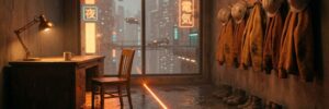 A glowing orange line across a wet concrete floor divides a contractor's crew room: the owner's desk and lamp on one side, the crew's hard hats, jackets and boots on the other.