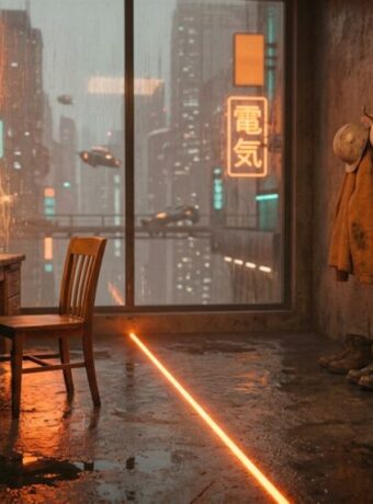 A glowing orange line across a wet concrete floor divides a contractor's crew room: the owner's desk and lamp on one side, the crew's hard hats, jackets and boots on the other.