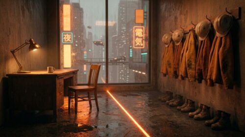 A glowing orange line across a wet concrete floor divides a contractor's crew room: the owner's desk and lamp on one side, the crew's hard hats, jackets and boots on the other.