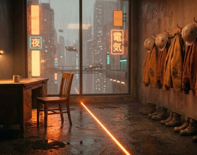 A glowing orange line across a wet concrete floor divides a contractor's crew room: the owner's desk and lamp on one side, the crew's hard hats, jackets and boots on the other.