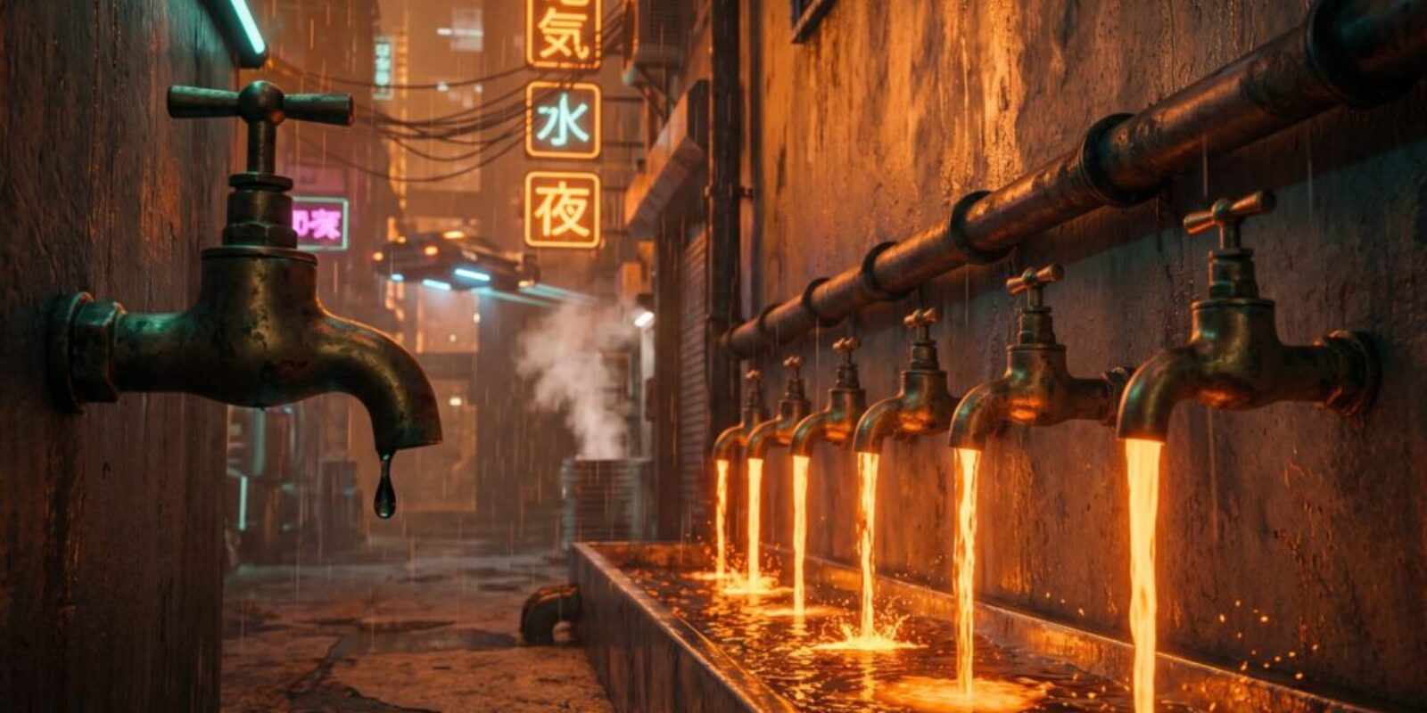 A row of brass taps on a rain-soaked wall pouring streams of orange light, with one tap in the foreground shut and dry