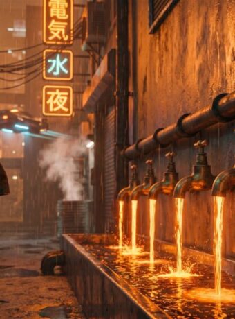 A row of brass taps on a rain-soaked wall pouring streams of orange light, with one tap in the foreground shut and dry