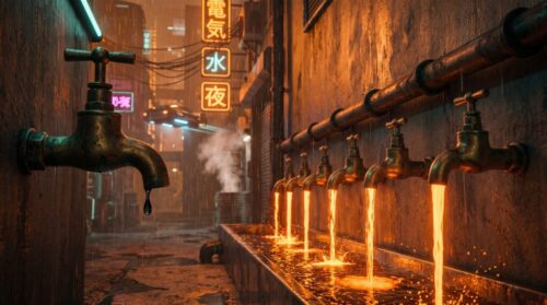 A row of brass taps on a rain-soaked wall pouring streams of orange light, with one tap in the foreground shut and dry
