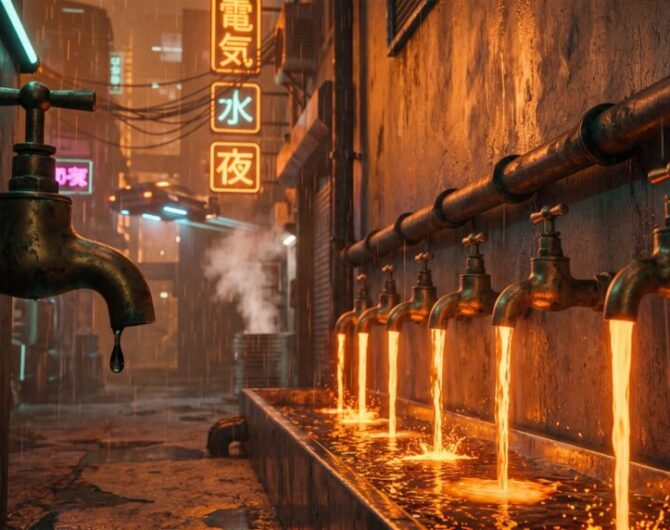 A row of brass taps on a rain-soaked wall pouring streams of orange light, with one tap in the foreground shut and dry