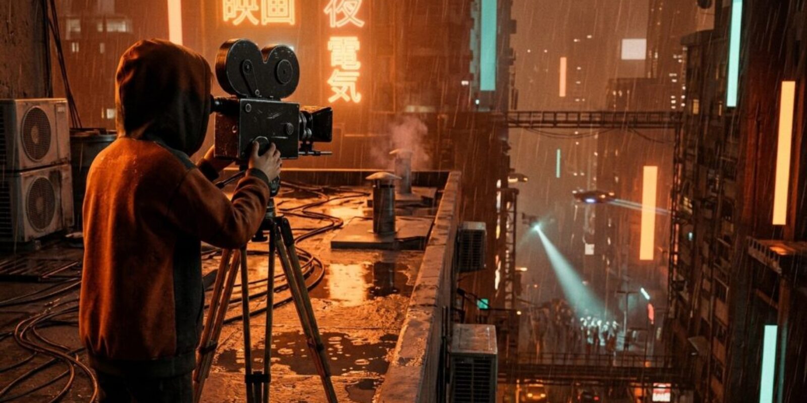 A hooded boy films a rain-soaked neon megacity from a rooftop with an old movie camera while a searchlight sweeps a crowd in the street far below.