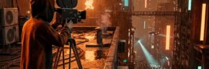 A hooded boy films a rain-soaked neon megacity from a rooftop with an old movie camera while a searchlight sweeps a crowd in the street far below.