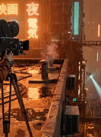 A hooded boy films a rain-soaked neon megacity from a rooftop with an old movie camera while a searchlight sweeps a crowd in the street far below.
