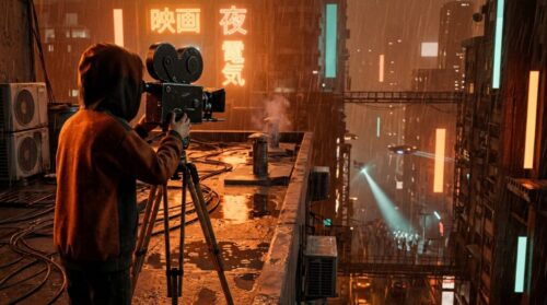 A hooded boy films a rain-soaked neon megacity from a rooftop with an old movie camera while a searchlight sweeps a crowd in the street far below.