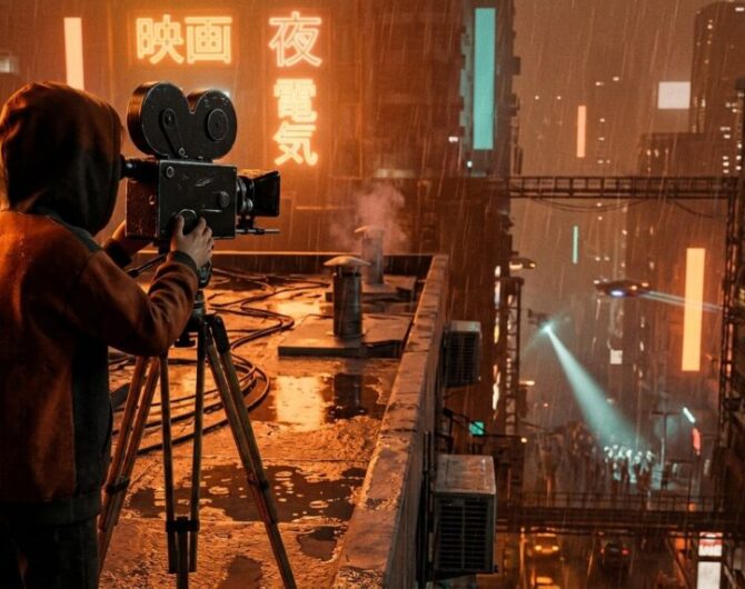 A hooded boy films a rain-soaked neon megacity from a rooftop with an old movie camera while a searchlight sweeps a crowd in the street far below.