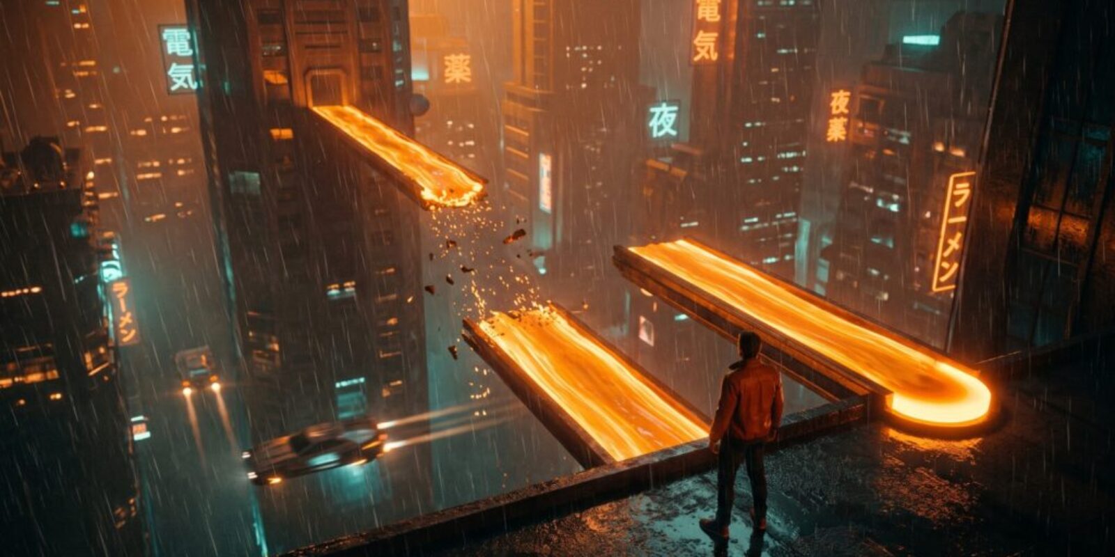 Gemini 4 Argon illustrated as two bridges of orange light over a rainy neon city: one spans the gap but breaks apart mid-air, the other stops short where its knowledge ends