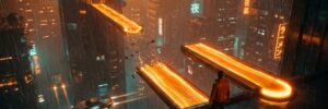 Gemini 4 Argon illustrated as two bridges of orange light over a rainy neon city: one spans the gap but breaks apart mid-air, the other stops short where its knowledge ends