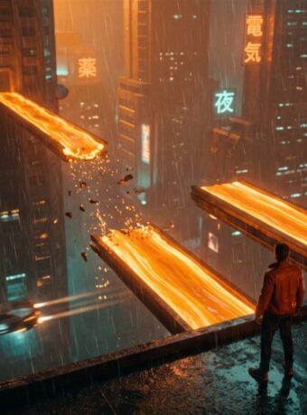 Gemini 4 Argon illustrated as two bridges of orange light over a rainy neon city: one spans the gap but breaks apart mid-air, the other stops short where its knowledge ends