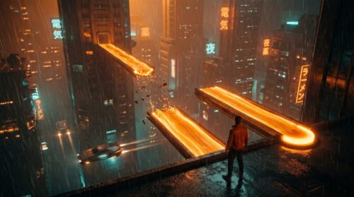 Gemini 4 Argon illustrated as two bridges of orange light over a rainy neon city: one spans the gap but breaks apart mid-air, the other stops short where its knowledge ends