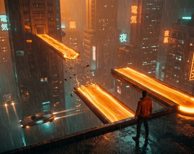 Gemini 4 Argon illustrated as two bridges of orange light over a rainy neon city: one spans the gap but breaks apart mid-air, the other stops short where its knowledge ends