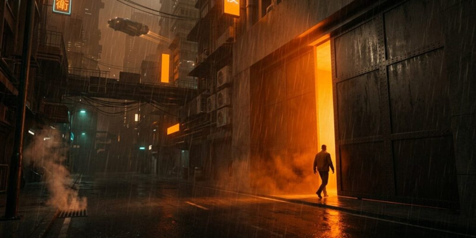 A lone figure walks through a narrow slit in a massive steel gate, orange light pouring out onto a rainy neon city street, illustrating Gemini 4 Carbon going to vetted cyber defenders first