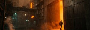 A lone figure walks through a narrow slit in a massive steel gate, orange light pouring out onto a rainy neon city street, illustrating Gemini 4 Carbon going to vetted cyber defenders first
