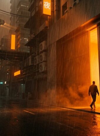 A lone figure walks through a narrow slit in a massive steel gate, orange light pouring out onto a rainy neon city street, illustrating Gemini 4 Carbon going to vetted cyber defenders first