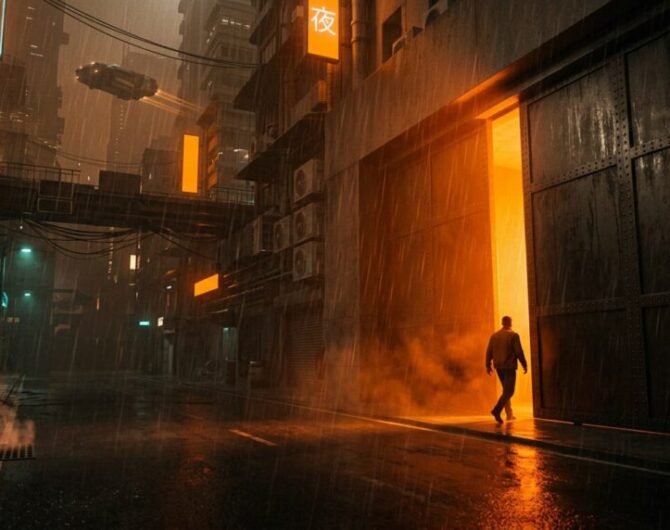 A lone figure walks through a narrow slit in a massive steel gate, orange light pouring out onto a rainy neon city street, illustrating Gemini 4 Carbon going to vetted cyber defenders first