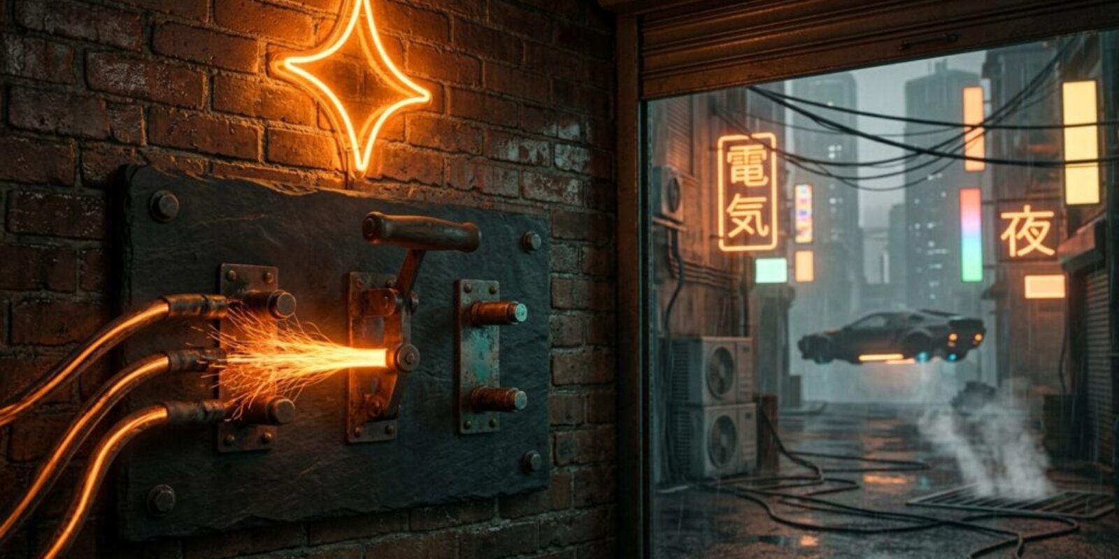 Neon-lit cyberpunk alley with sparks from electric panel and futuristic signage.