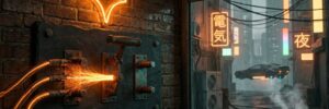 Neon-lit cyberpunk alley with sparks from electric panel and futuristic signage.