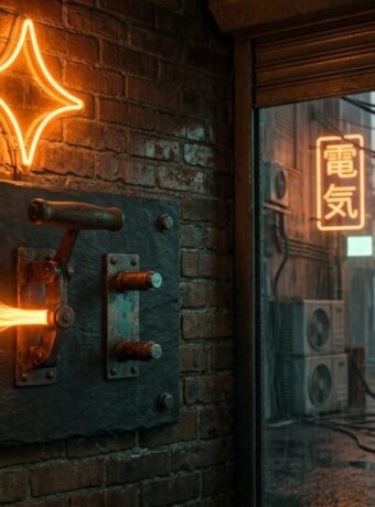 Neon-lit cyberpunk alley with sparks from electric panel and futuristic signage.