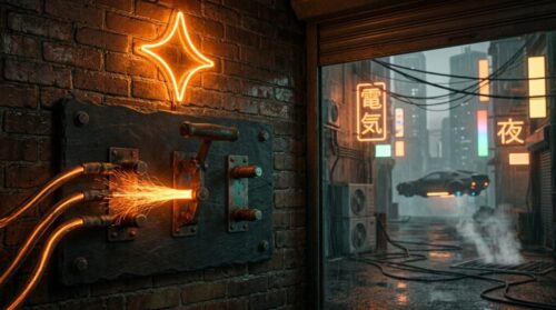 Neon-lit cyberpunk alley with sparks from electric panel and futuristic signage.