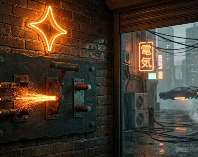 Neon-lit cyberpunk alley with sparks from electric panel and futuristic signage.