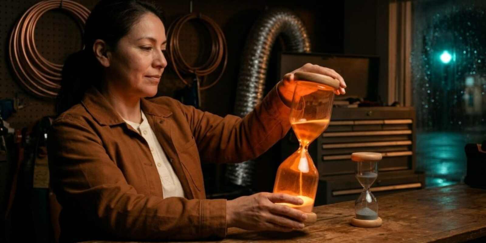 Heating and cooling shop owner turns over a tall hourglass of glowing orange light beside a small spent grey hourglass, a picture of GPT-6.1 Terra's 30-minute cache clock