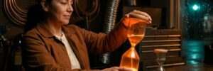 Heating and cooling shop owner turns over a tall hourglass of glowing orange light beside a small spent grey hourglass, a picture of GPT-6.1 Terra's 30-minute cache clock